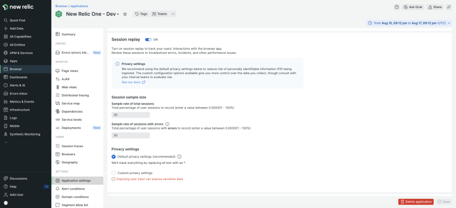 Configurações de privacidade dentro da plataforma da New Relic