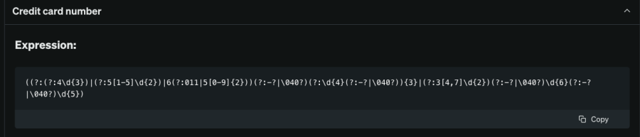 Der reguläre Ausdruck (Regex) für eine Kreditkartennummer wird angezeigt.