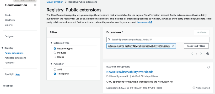 CloudFormationのパブリックエクステンション画面