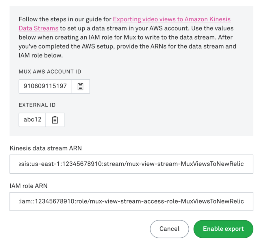 Mux integration set up - Export ARN