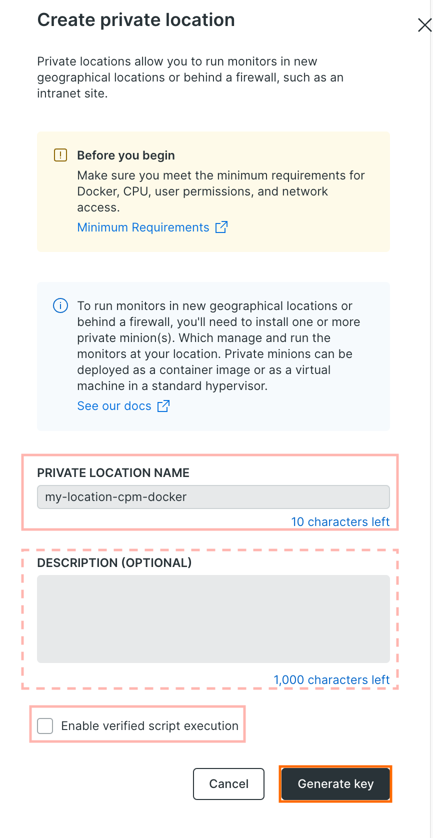create private location (Generate Key)
