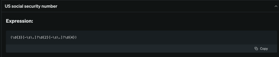 Der reguläre Ausdruck (Regex) für eine US-amerikanische Sozialversicherungsnummer wird angezeigt.