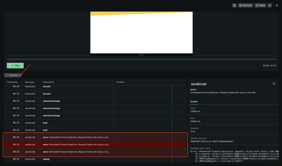 Errors in Session Replays