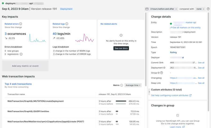 Dashboard of New Relic's change tracking feature 