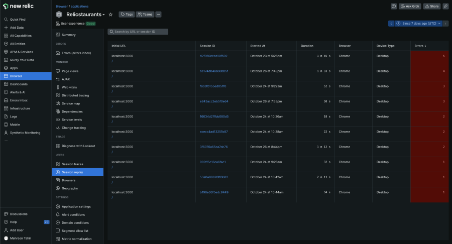 list of session replays