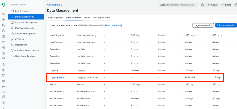 Live archives retention period