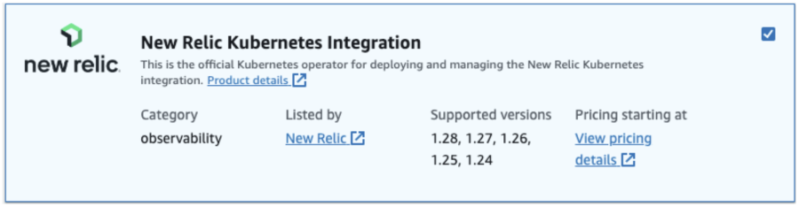 Disponibilité de New Relic en tant que module dans le catalogue EKS