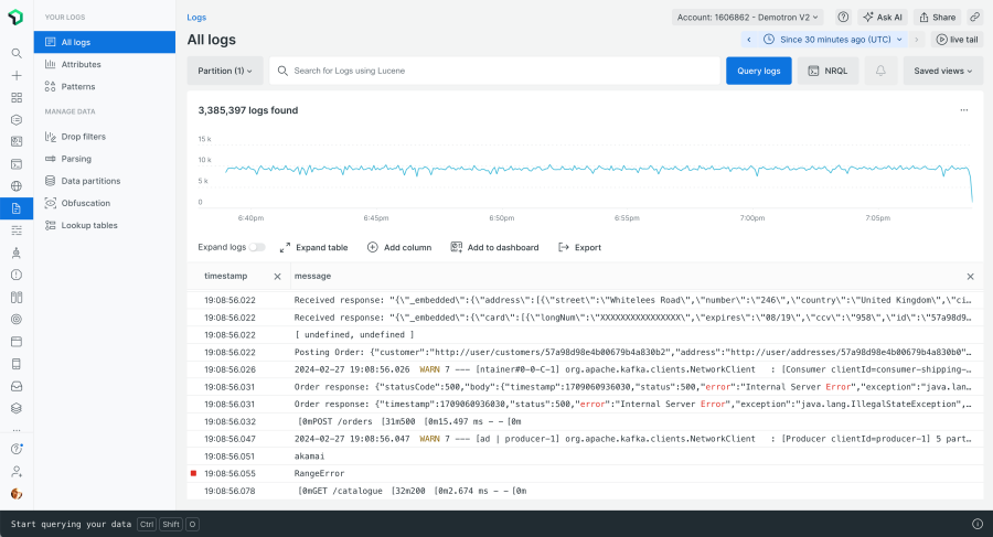 Screenshot of New Relic Log Management 