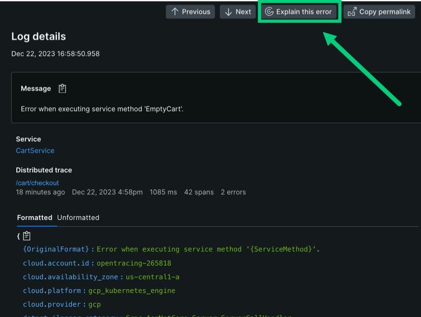 New Relic AI button highlighted to explain an application error