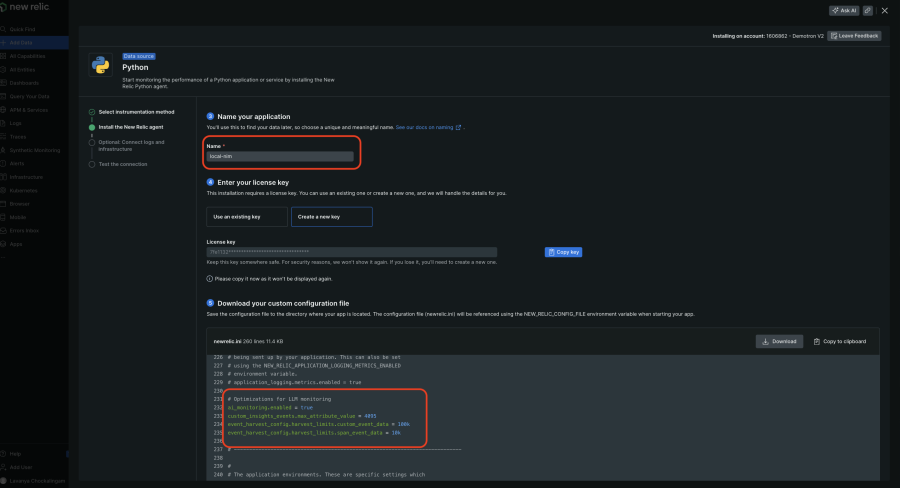 Captura de pantalla de la instrumentación del agente en Python para el monitoreo de IA