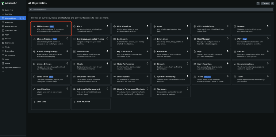 New Relic UI showing the AI Monitoring capability