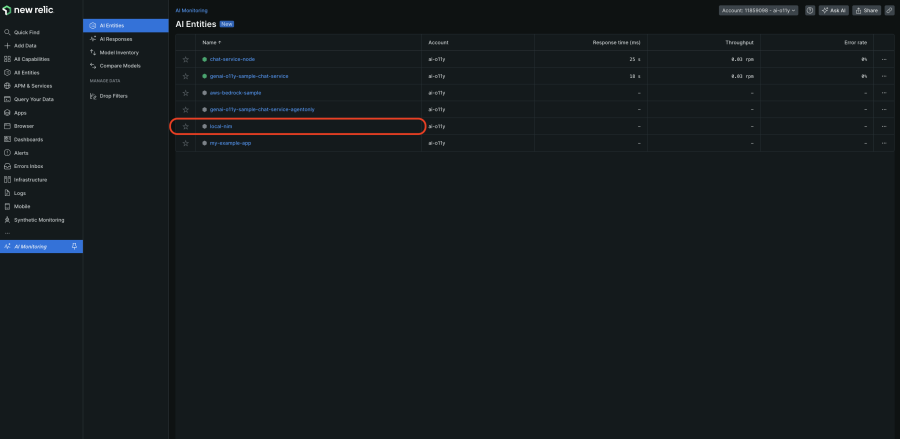 Screenshot showing the local-nim sample app in the AI entities view