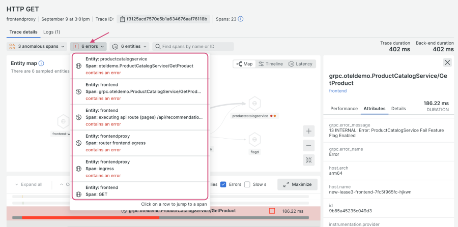 Screen shot that shows a view of an associated trace from the error group for GetProducts, with 6 error spans from the drop-down menu circled to show you can click on any of them to learn more.