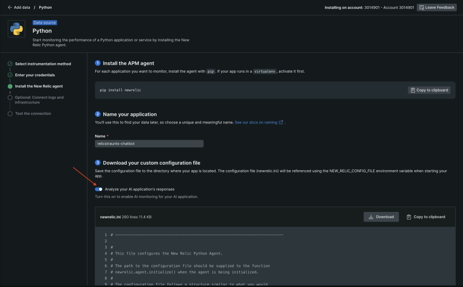 New Relic APM agent with AI monitoring option enabled