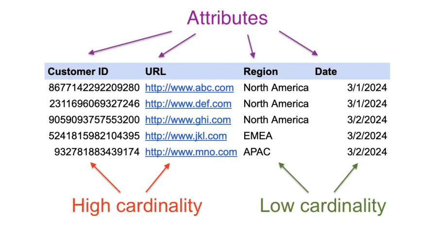 In this sample of a larger set of data, “Customer ID” and “URL” are attributes with exponentially higher amount of unique values than the “Region” and “Date” attributes.