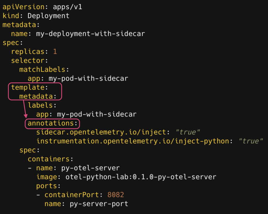 Screen shot that shows that the instrumentation annotation should be defined under template.metadata.