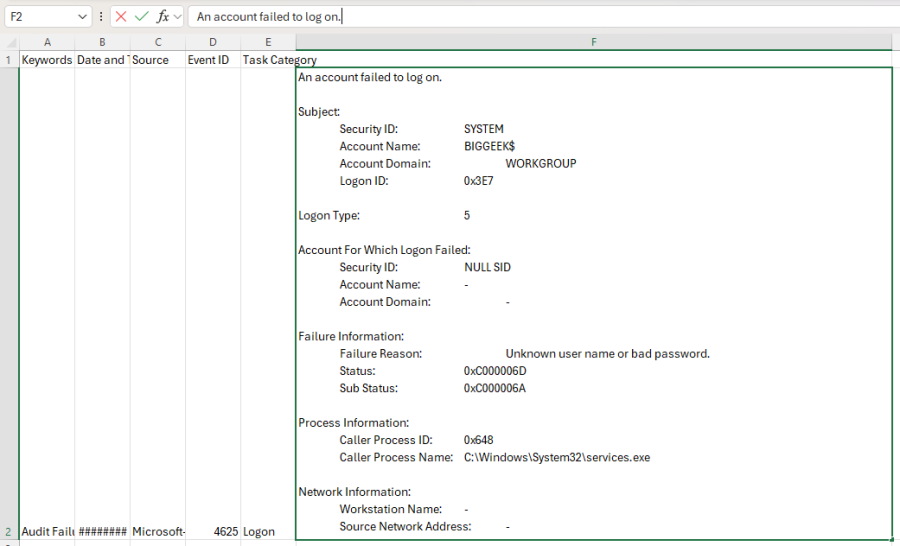 saved event log example