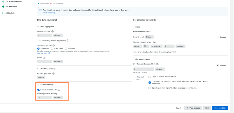 Evaluation Delay setting on AlertCondition