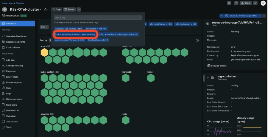 New Relic's Kubernetes cluster monitoring dashboard with a tag labeled "instrumentation provider: opentelemetry" highlighted.