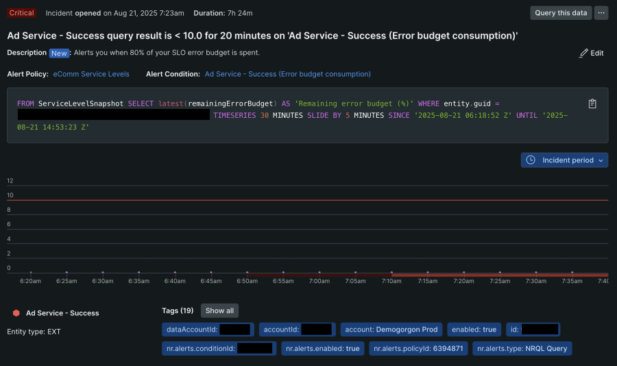  Conditional alert based on SLO error budget within the New Relic UI