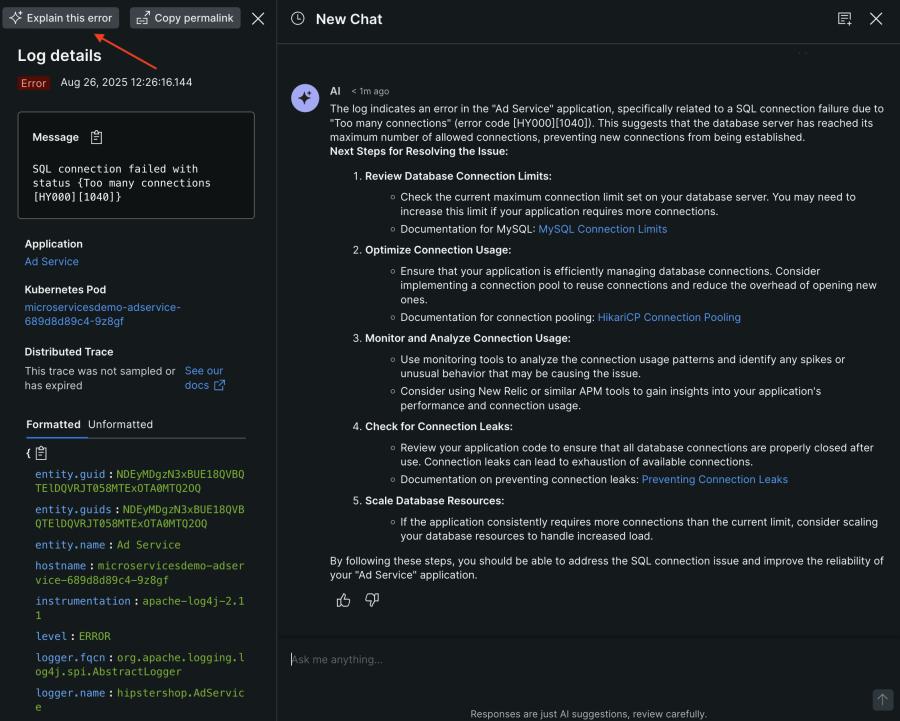 Showcase of New Relic AI functionality that explains an error report for you.