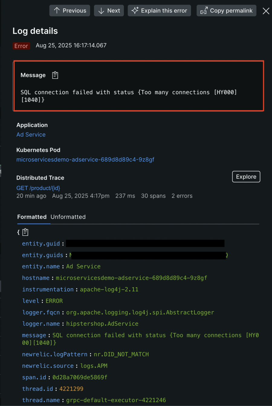 Log details for an error within New Relic UI
