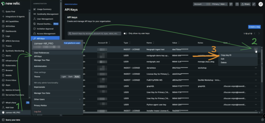 Querying, creating and deleting API keys within the New Relic UI.
