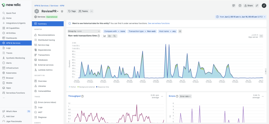 APM dashboard within New Relic UI to measure non-web transactions time, Throughput, and error counts.
