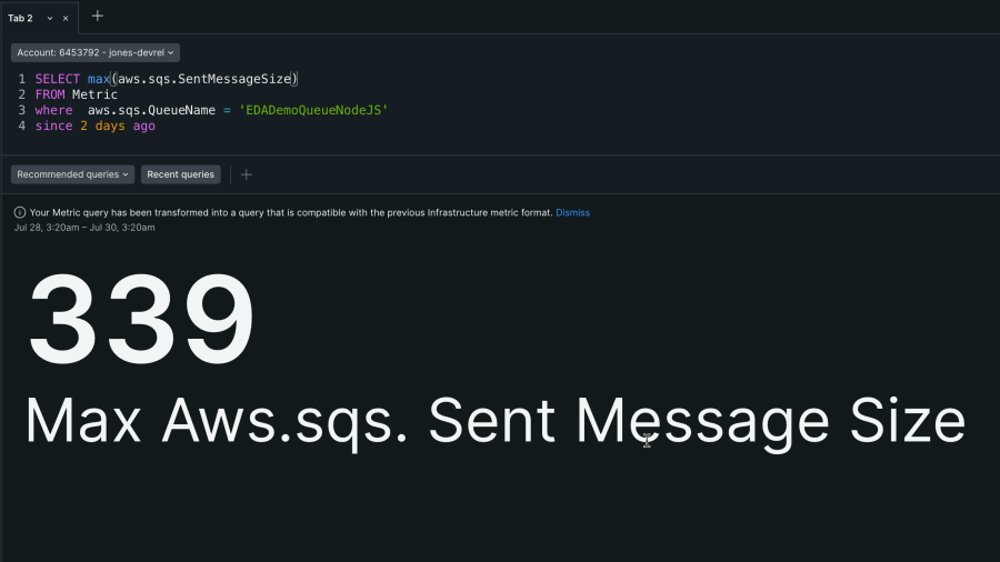 Query response showing 339 Max Aws.sqs. Sent Message size.