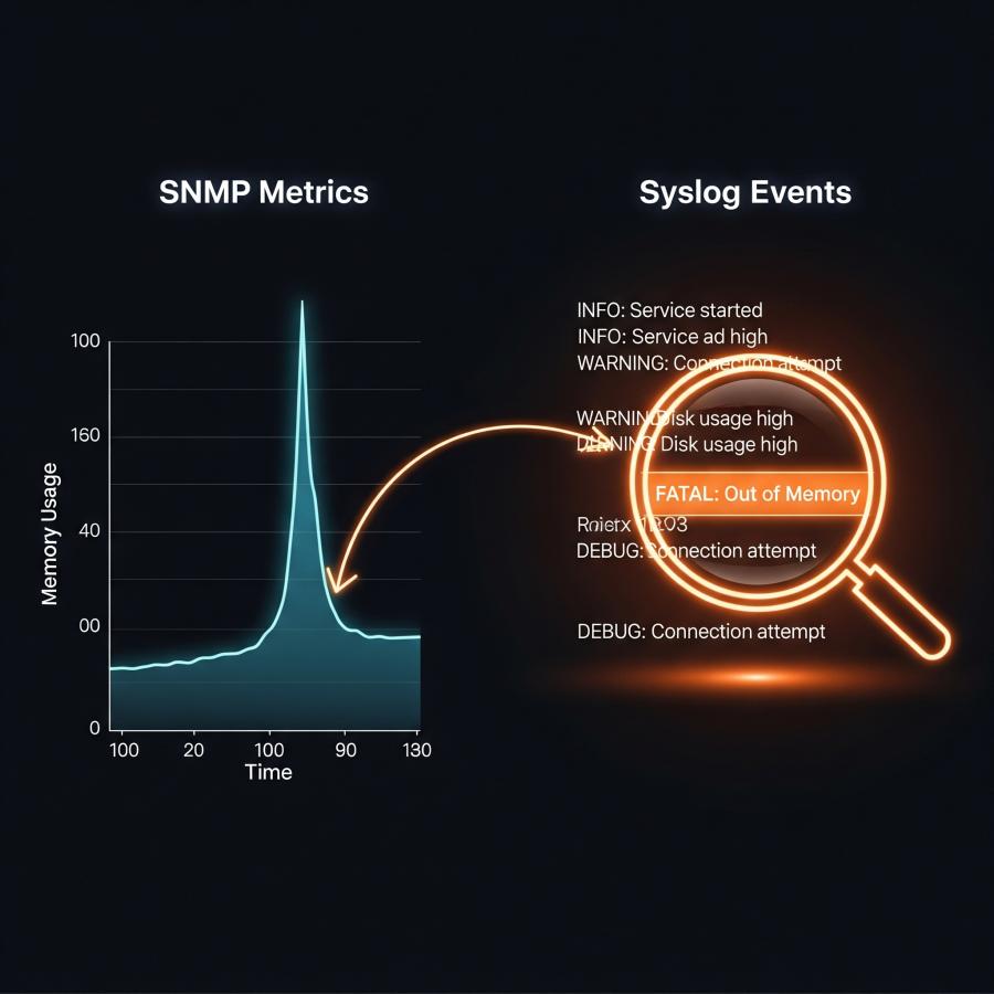 SNMPメトリクスのスパイクと、原因を示すSyslogイベントが矢印で結び付けられている概念図。