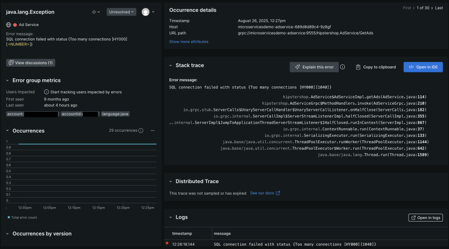 Error group details within the New Relic UI