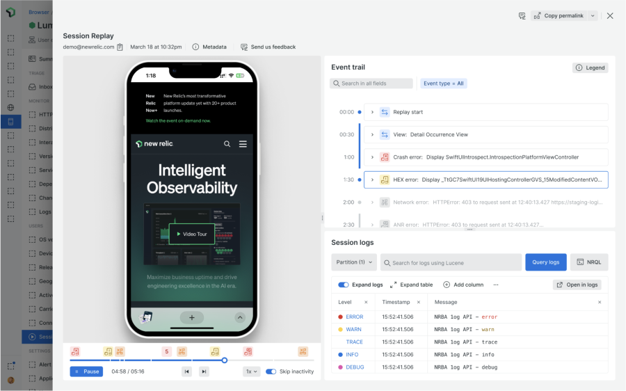 Mobile Session Replay dashboard within New Relic UI