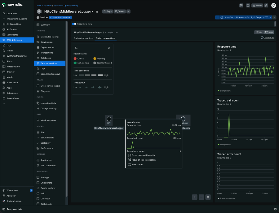 Dynamic service map views and health within the New Relic UI