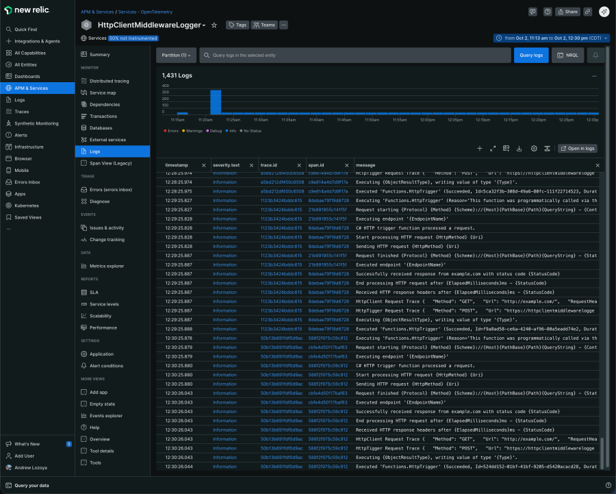 Host and worker process logs within the New Relic UI