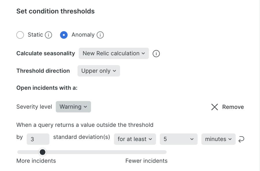 New Relic condition threshold menu for New Relic Alerts