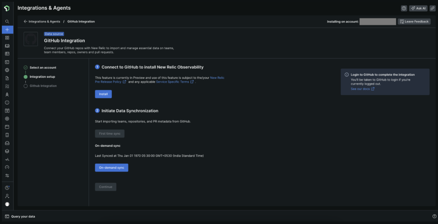 GitHub Integration menu within New Relic UI.