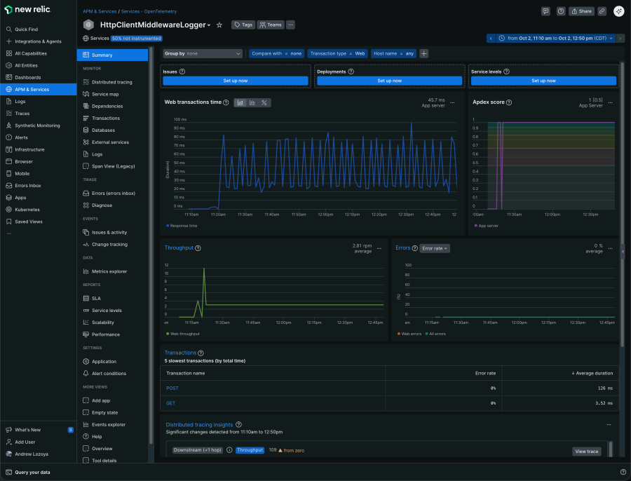 APM & Services dashboard within New Relic UI.