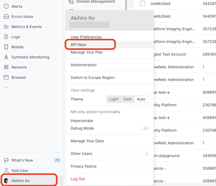 New Relic UIの左下にあるユーザー名をクリックすると表示されるメニュー。API Keysがハイライトされている。