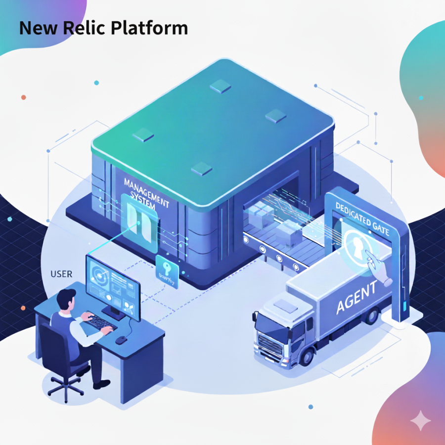 New RelicのAPIキーが持つ2つの役割を示した概念図。License Keyによるデータの投入（Ingest）の流れと、User Keyによるプラットフォームの操作（Manage）の流れを抽象的に表現しています。