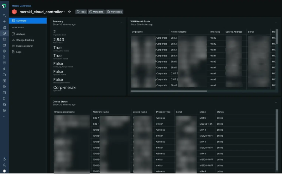 New RelicのIntegrations画面に表示されたCisco Merakiのタイル。データを受信中であることを示している。