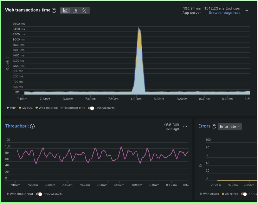 Web transactions time and Throughput dashboards within the New Relic UI.
