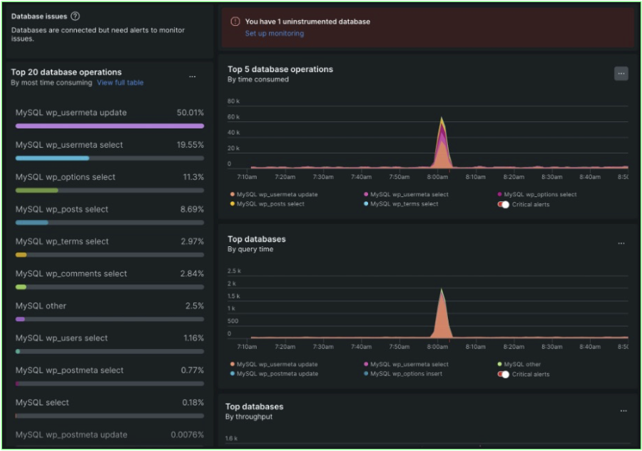Database monitoring dashboard within New Relic UI.