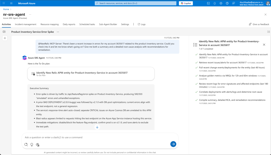 Captura de tela do Agente SRE do Azure