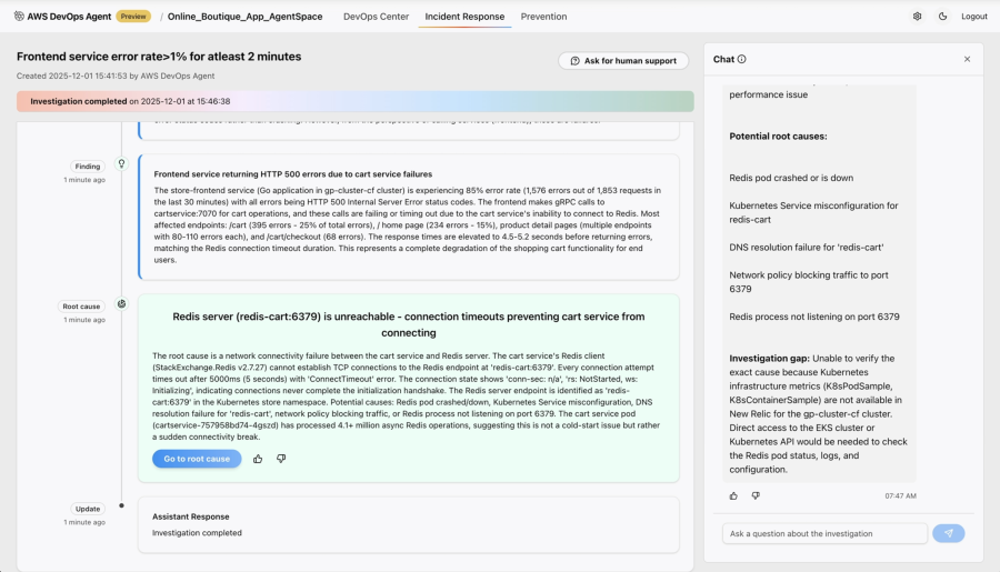 New Relic AI chat for AWS Root cause analysis