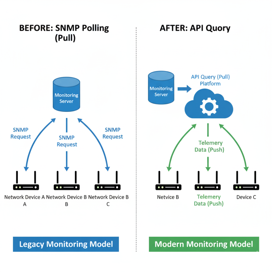 Comparison of legacy monitoring model vs. modern monitoring model.