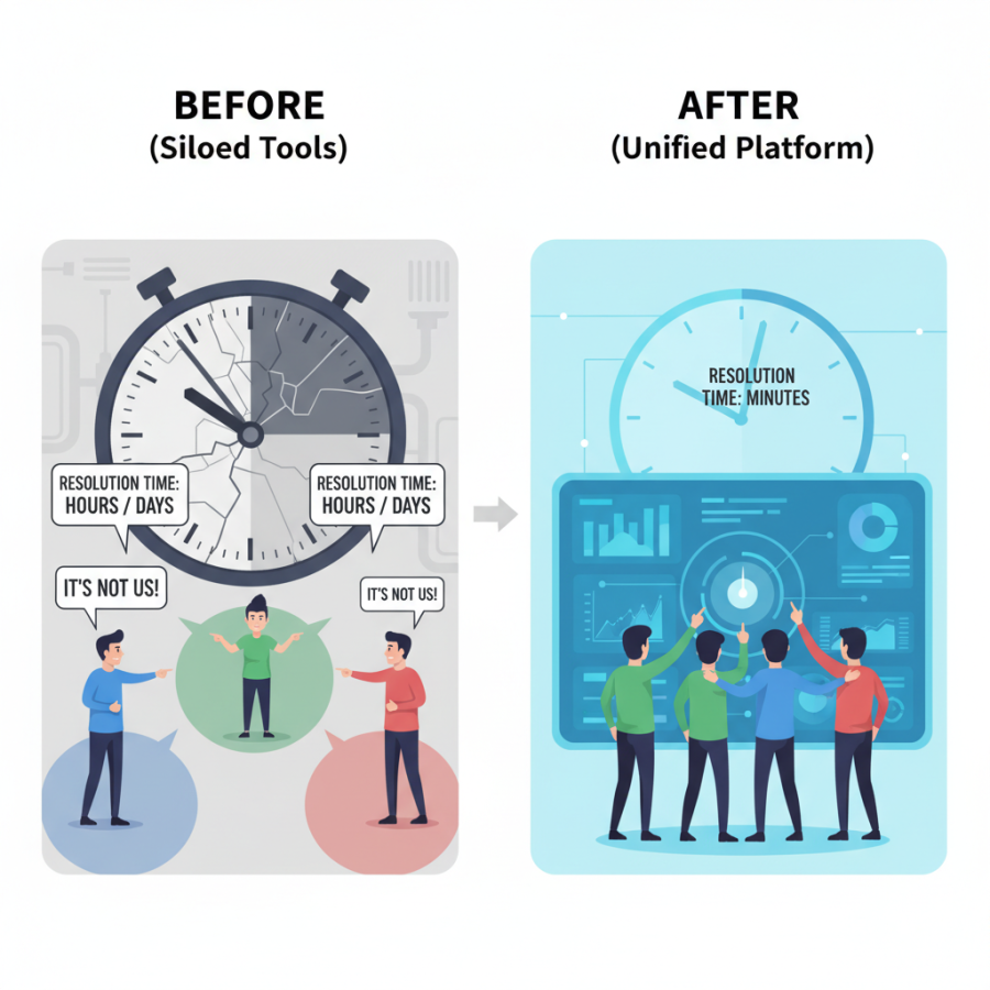 Siloed tools lead to resolution time being hours or days versus a unified platform can offer a resolution in minutes.