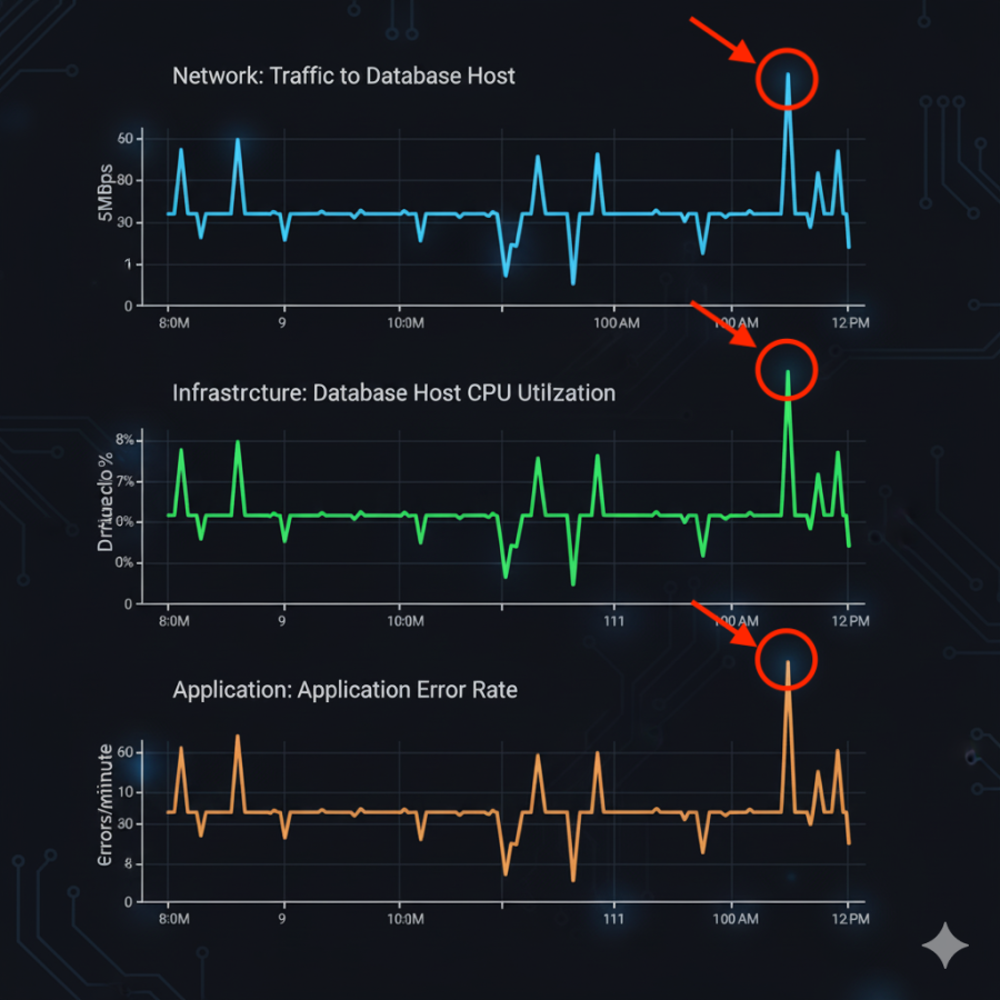 Application, Infrastructure, and Network monitoring dashboard showing spikes
