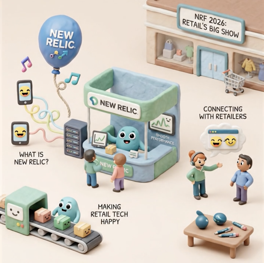 New Relic Booth at NRF 2026 in claymation style.