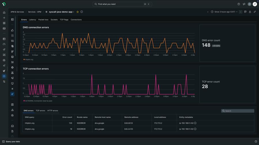 Kernel-level TCP and DNS signals, correlated with application entities in a single view.