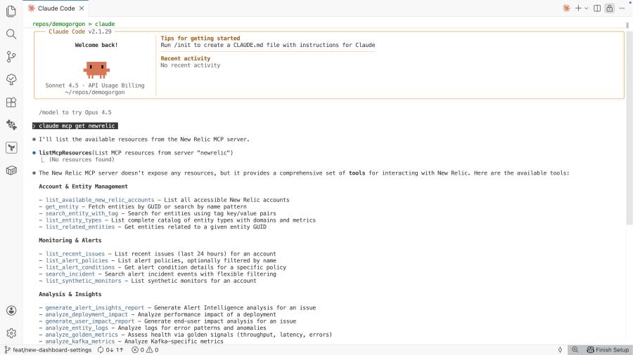 Claude Code interface accessing New Relic data using New Relic's MCP.
